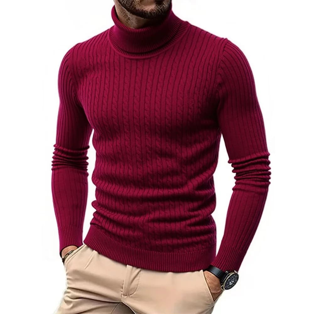 Autumn Winter Men's Turtleneck Sweater Warm Slim Fit Knitted Pullover Jacquard Striped Cozy Soft Knitwear Basic Style - 3