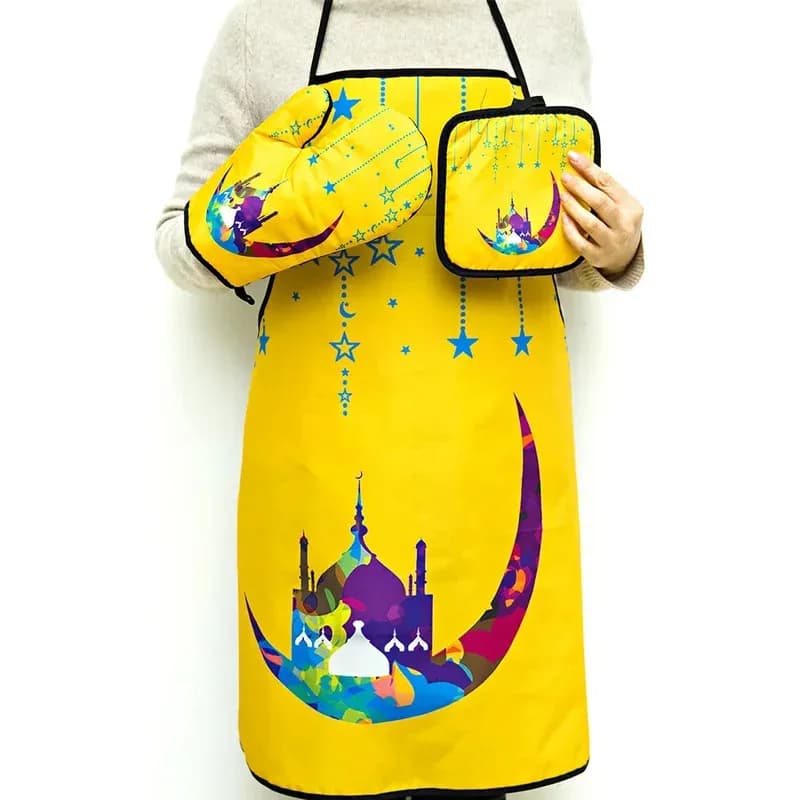 مريلة طبخ رمضان مبارك حامل أواني قفاز فرن هدية عيد الفطر ديكور مطبخ إسلامي لشهر رمضان الكريم - 4