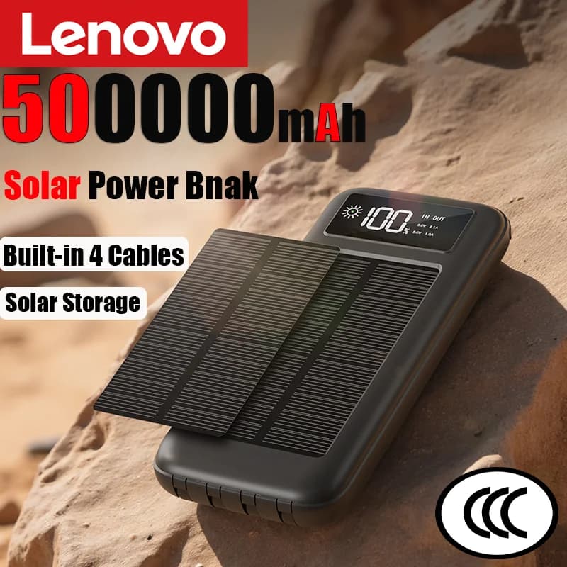 Lenovo 500000mAh Power Bank Solar Charge Portable Large Capacity Digital Display Mobile Powerbank for iPhone Huawei Samsung 2026