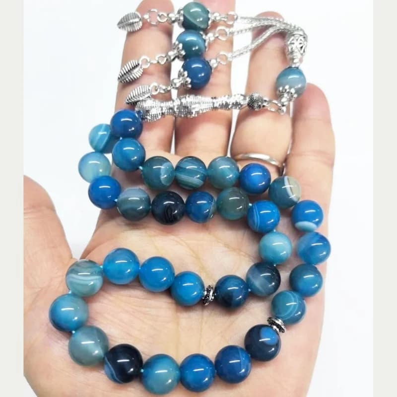 33pcs10mm blue agate beads natural stone material Muslim rosary daily bracelet TASBIH, Middle East high-end worship prayer brace - 4