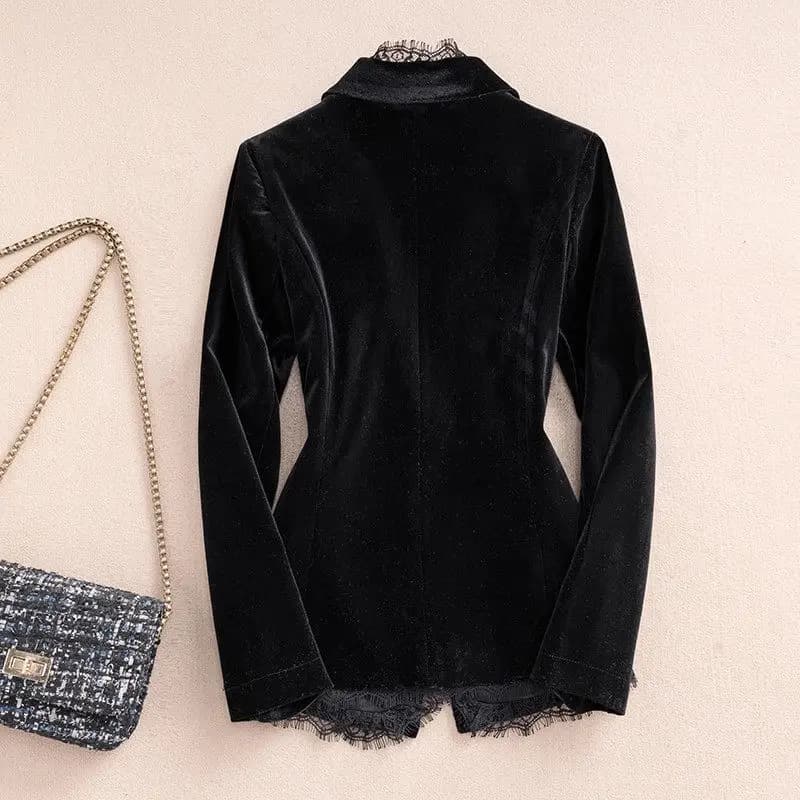 بلازر مخملي أسود فاخر للنساء | جاكيت قصير بزخارف ذهبية وحواف دانتيل | معطف خارجي للربيع والخريف G872 - 2