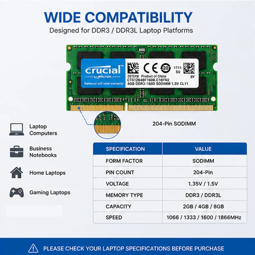 ذاكرة كروتيال DDR3 للابتوب، سعة 2 جيجابايت/4 جيجابايت/8 جيجابايت، SODIMM، تردد 1066-1866 ميجاهرتز، 204Pin، 1.35V/1.5V، PC3-10600/12800 - 4