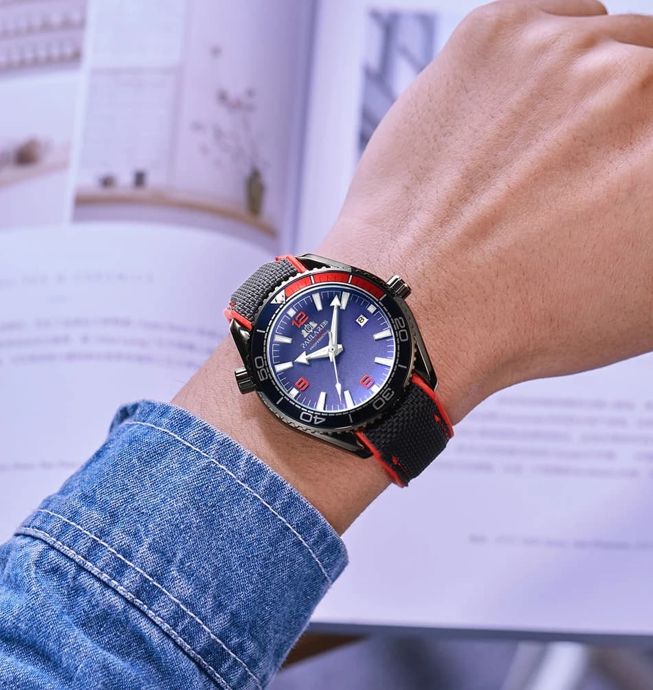 Automatic Mens Watch Mechanical Self Wind Movement Canvas Rubber Strap Orange Blue Red Luxury Fashion Watches - 5