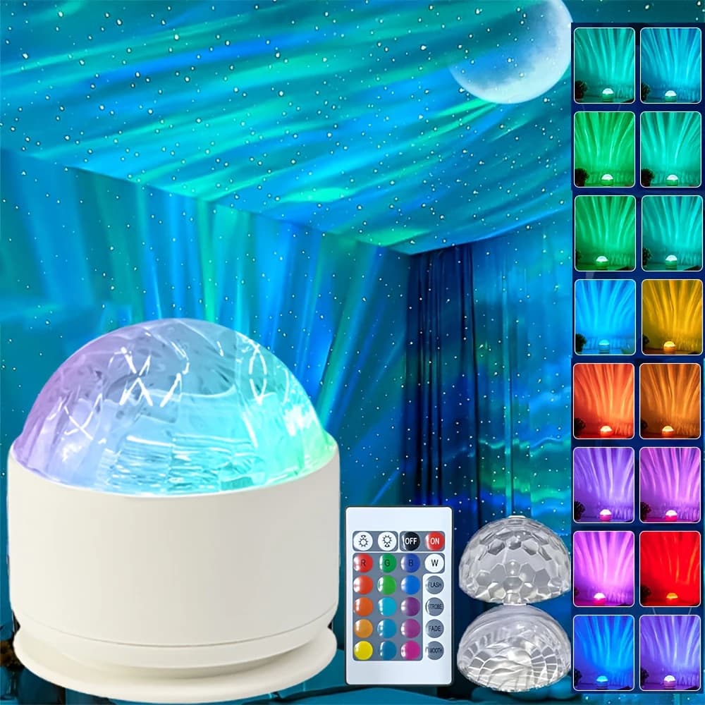 ضوء ليلي LED مرصع بالنجوم Galaxy Northern Aurora/Water Ripple 16 لون 360 ° الدورية RGB USB مصباح جهاز عرض عن بعد الضوء المحيط