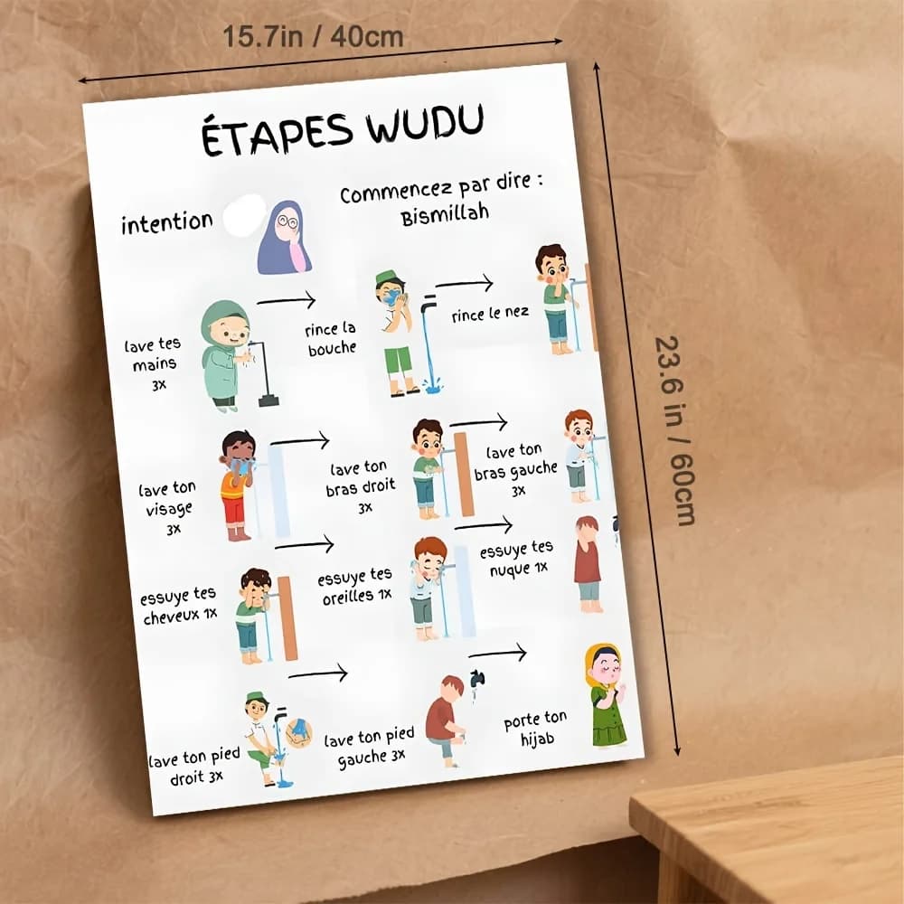 دليل طقوس التطهير الإسلامي - رسوم توضيحية خطوة بخطوة للصلاة الإسلامية، مع تسميات بالعربية والفرنسية - بدون إطار - 2