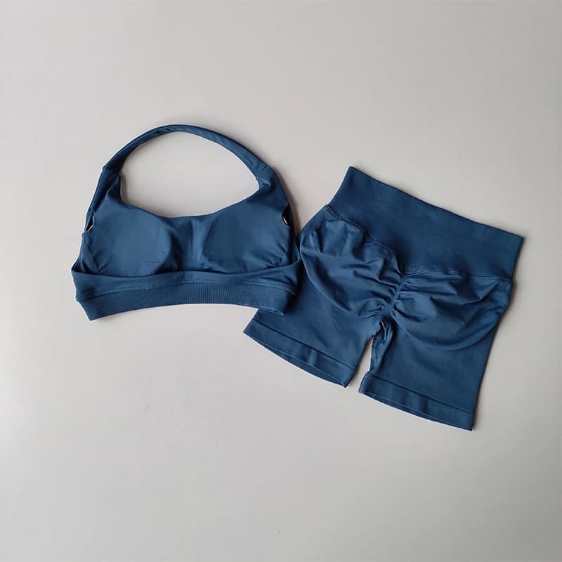 Sexy Halter Neck Beautiful Back High Waist Peach Sports Bras Shorts Suit Pilates Gathering Yoga Vest Training Fitness Bra Sets - 5