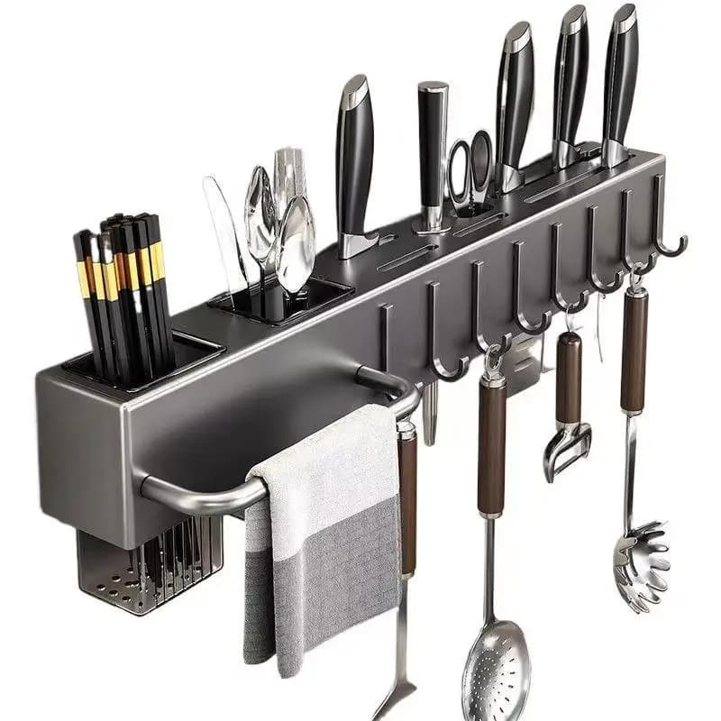 رف مطبخ خالٍ من الأدوات، وإكسسوارات المطبخ، وأنبوب عود متعدد الوظائف مثبت على الحائط، وتخزين للسكاكين والأدوات - 5