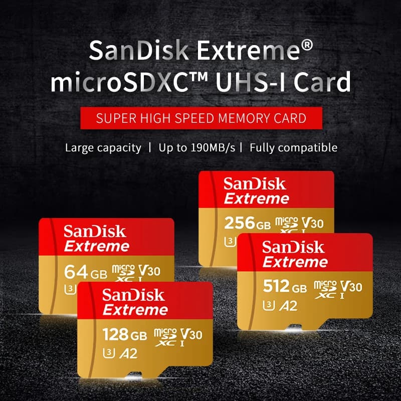 SanDisk Extreme MicroSDXC UHS-I CARD V30 A2 Memory Card 32GB 64GB 128GB 256GB 512GB 1TB Micro SD Card Max 190Mb/s Flash TF Card - 5