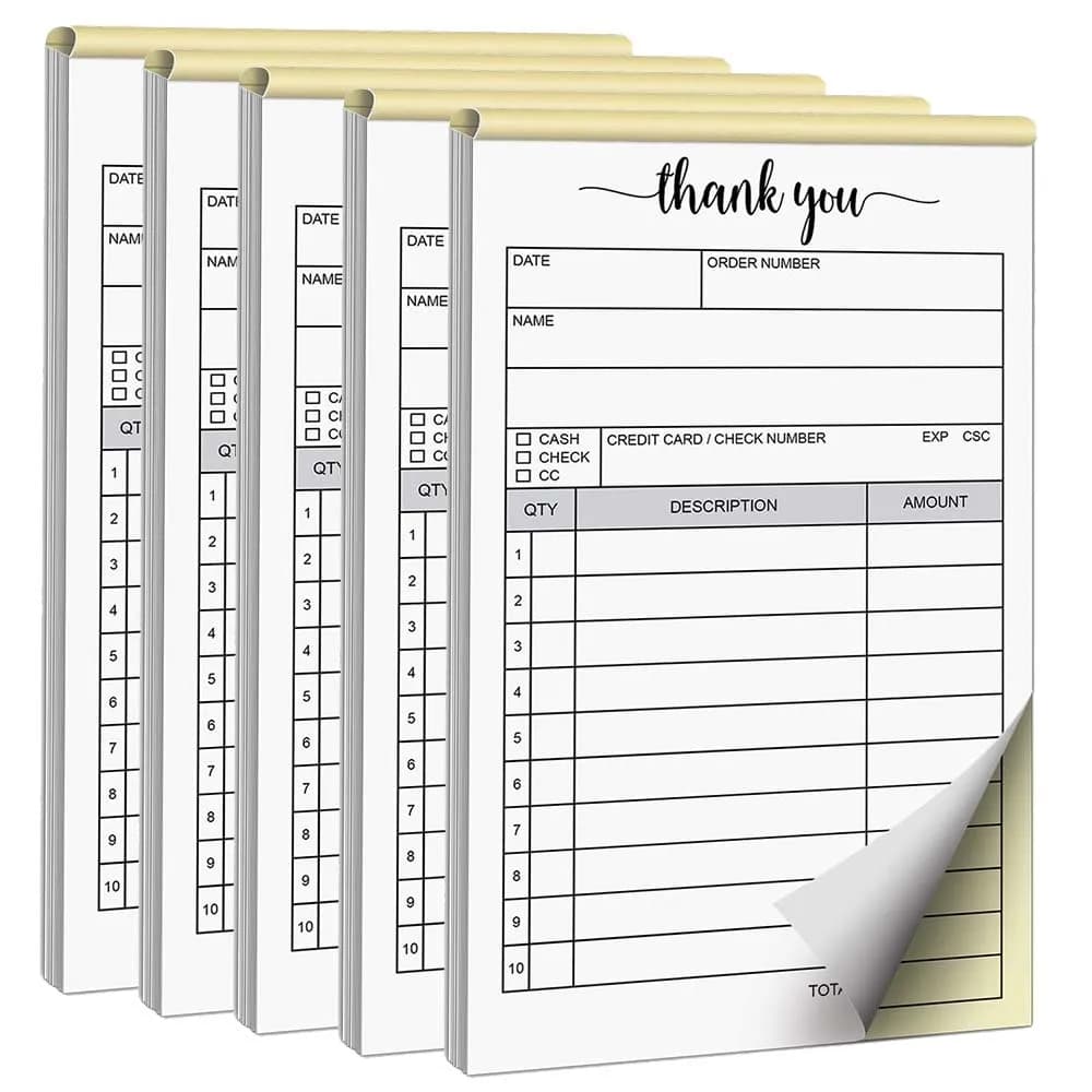1/5 قطعة كتب طلب المبيعات مع الورق المقوى، كتاب فاتورة مبيعات بدون كربون لكتاب إيصالات الأعمال الصغيرة - أبيض/أصفر