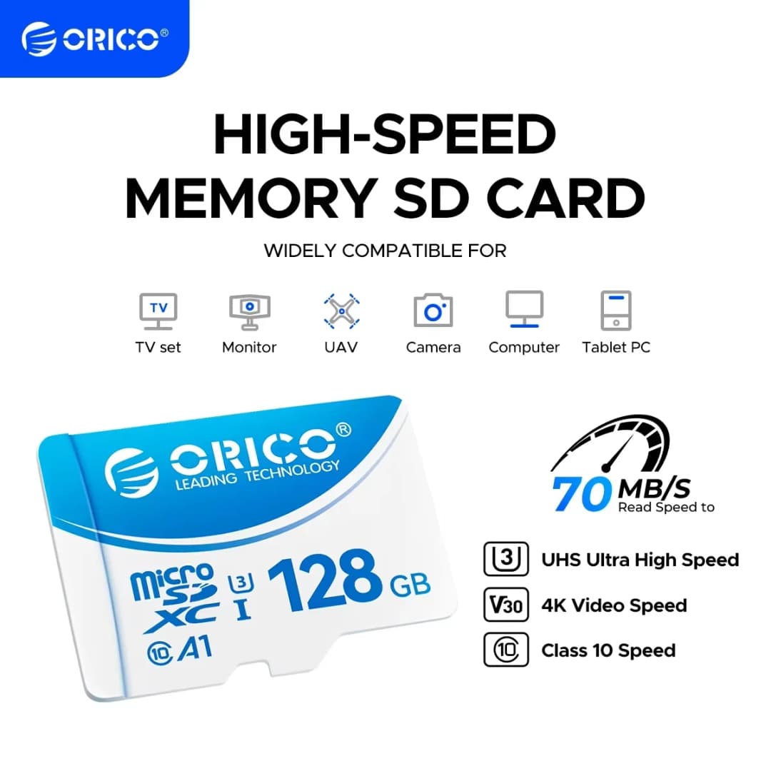 بطاقة ذاكرة ORICO T3 128GB microSDXC UHS-I، قراءة 70 ميجابايت/ثانية، كتابة 60 ميجابايت/ثانية، تسجيل 4K UHD، U3، Class10، V30، A1، مايكرو إس دي للكاميرا