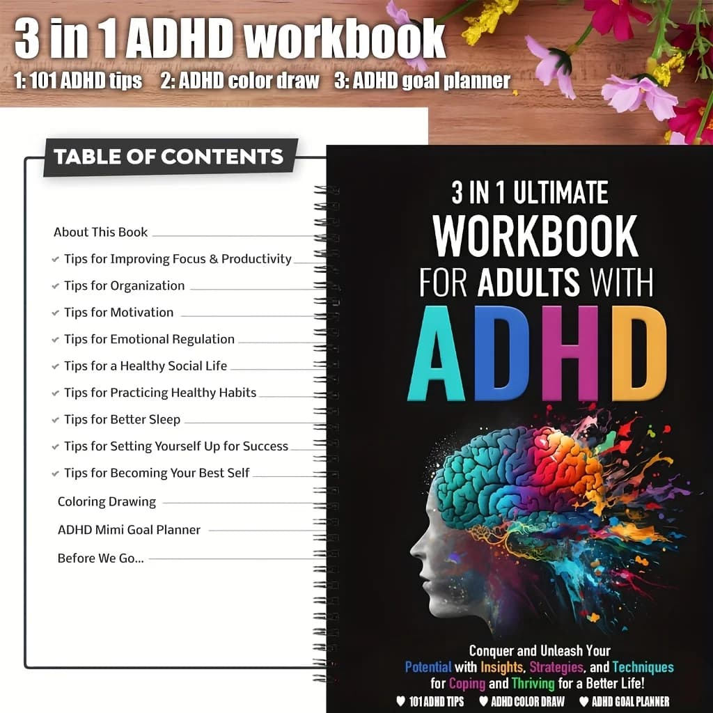 3 in 1 ADHD Workbook: Master Focus Time Management  Anxiety with 101 Tips Techniques Strategies Includes Brain Coloring Notebook - 2