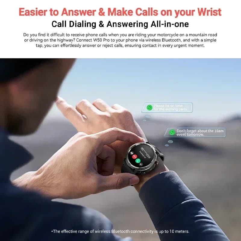 بلاك فيو W50 برو ساعة ذكية - شاشة 1.45 بوصة HD، مصباح يدوي، بلوتوث، مكالمات هاتفية، بطارية 960 مللي أمبير - 4