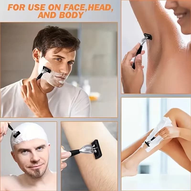 شفرة حلاقة آمنة عالية الجودة للرجال، 6 طبقات من الفولاذ المقاوم للصدأ الألماني، شفرات حلاقة يدوية مع رأس قاطع قابل للاستبدال - 6