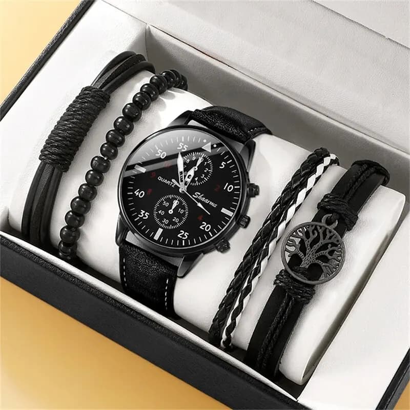New Men Watch Luxury Bracelet Set Fashion Business Brown Leather Quartz Wrist Watches for Men Gift Set Relogio Masculino - 2