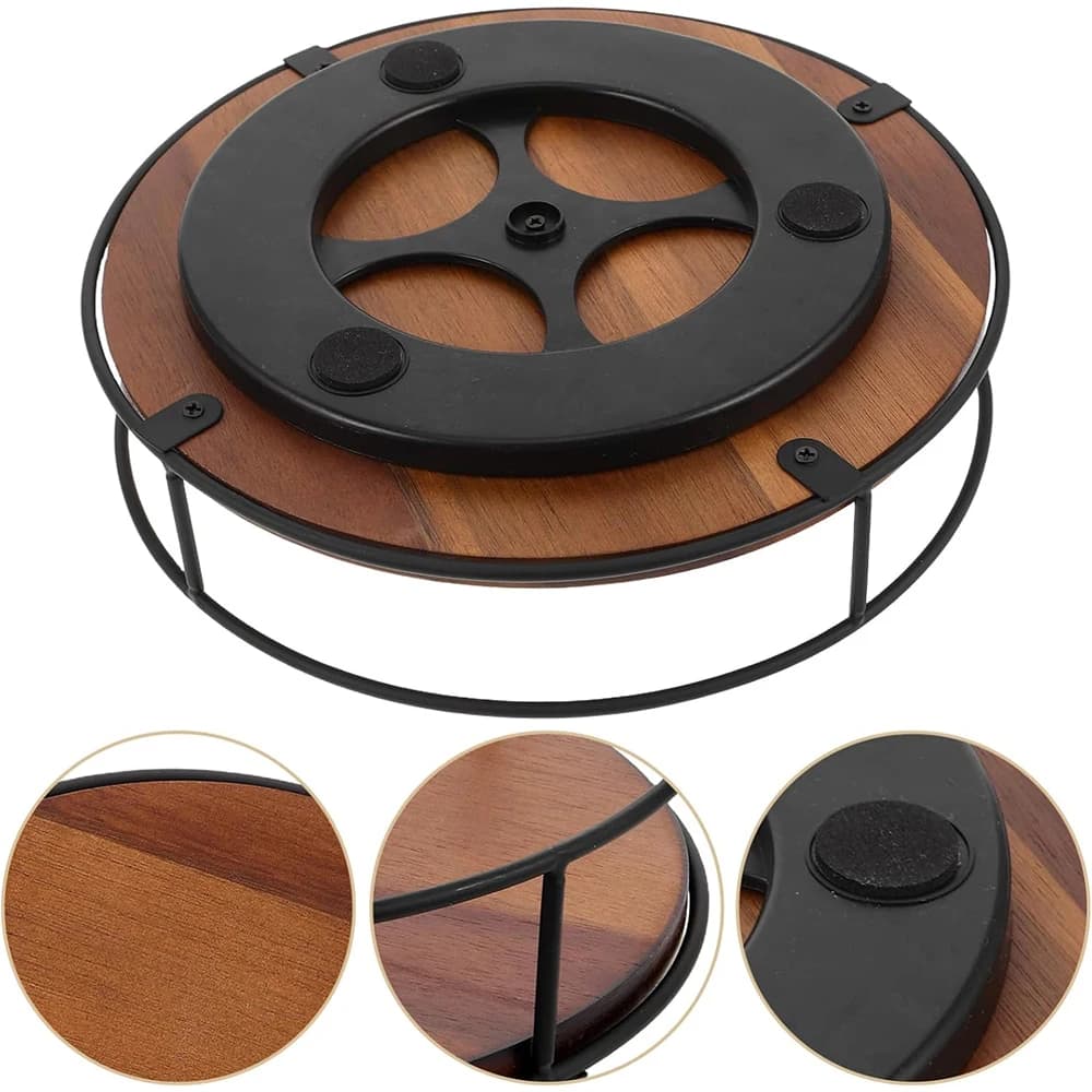LMETJMA Acacia Wood Lazy Susan Turntable with Metal Frame Kitchen Susans Organizer Countertop Storage Wooden Serving Tray Rack - 2