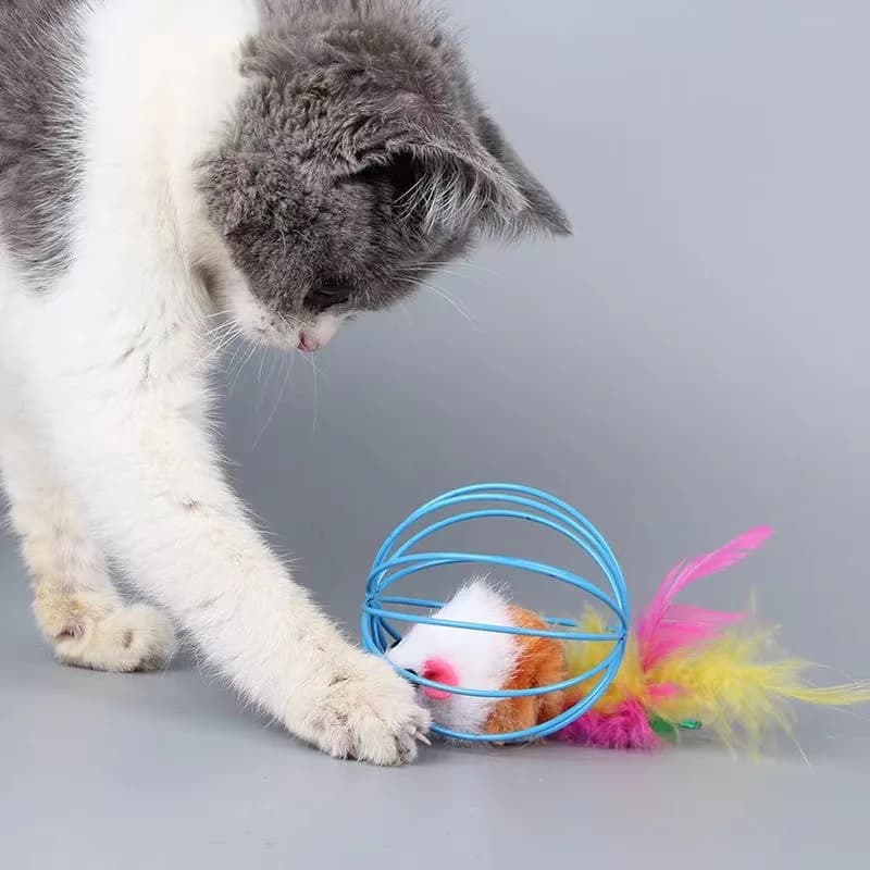 Cage Mice Ball Plush Simulation Colored Mouse Interactive Cat Toys Caged Mouse Ball Feather Wand Durable Plush Teaser - 3