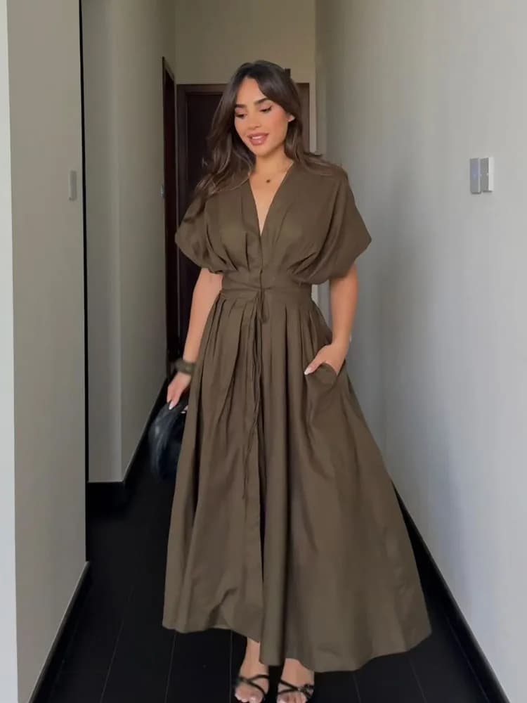 فستان صيفي طويل من HH، رقبة V، أكمام قصيرة، رباط دانتيل، تصميم أنيق وعصري - 4