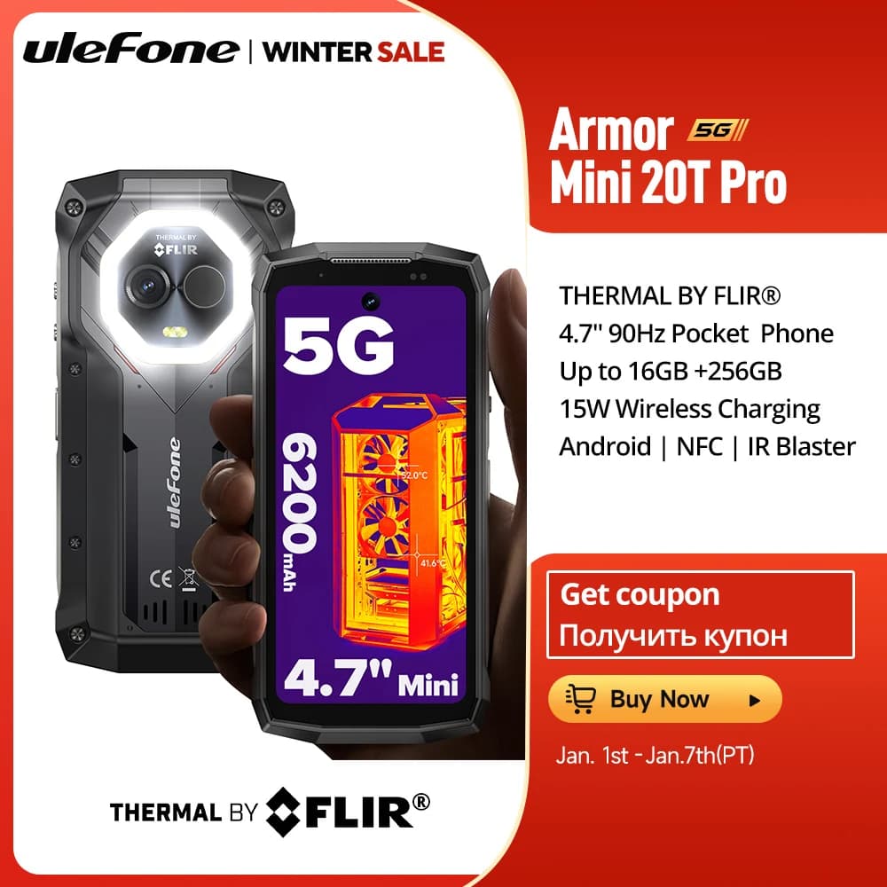 هاتف Ulefone Armor Mini 20T Pro 5G THERMAL BY FLIR® 4.7 بوصة متين هاتف ذكي بنظام Android 14 ذاكرة قراءة فقط 256 جيجابايت هاتف محمول تصوير حراري