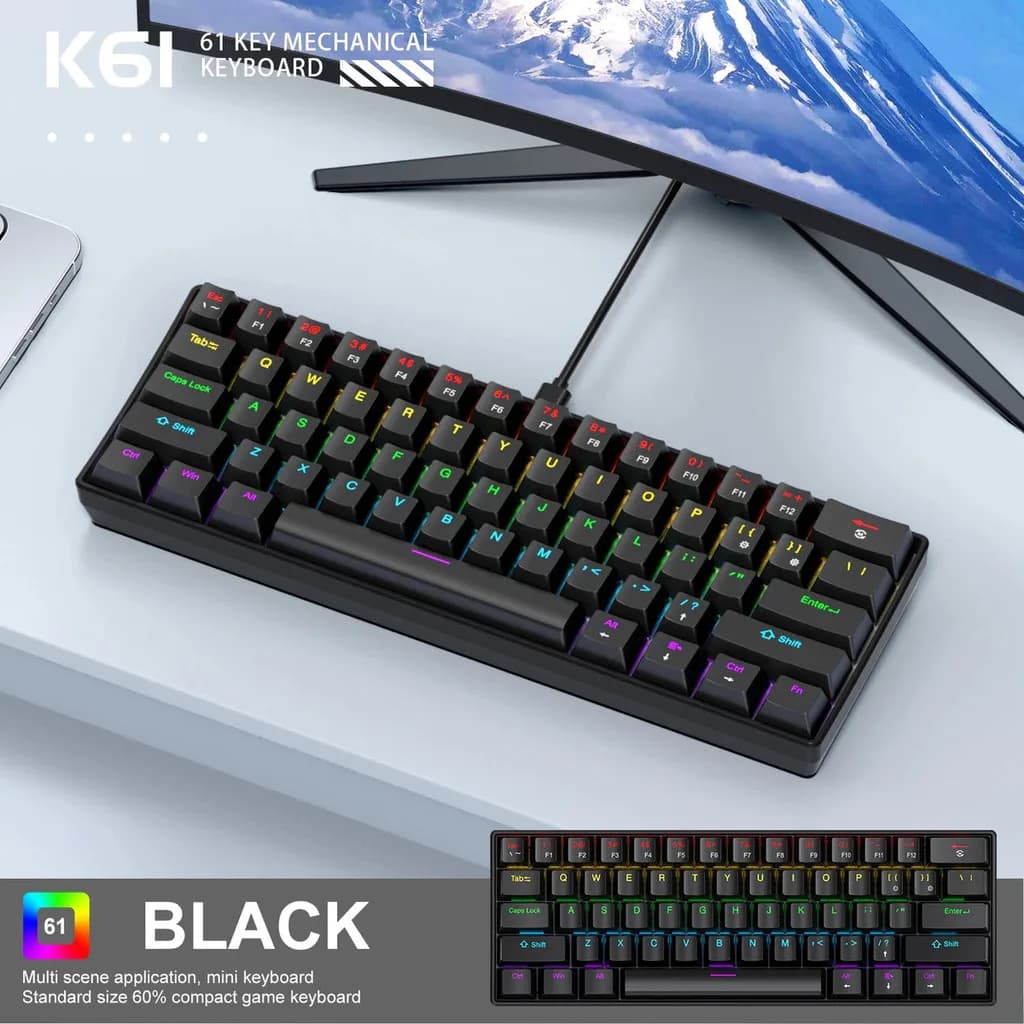 لوحة مفاتيح ميكانيكية سلكية APAYADO K61 - مدمجة 60% (61 مفتاح)، إضاءة خلفية RGB، تصميم محمول، مفاتيح Phantom، للألعاب - 6