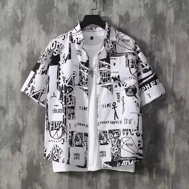 Japanese Retro Printed Short-Sleeve Shirt for Men,Trendy Brand Letter Shirt, Loose Casual VersatileThin Short-Sleeve Dress Shirt - 3
