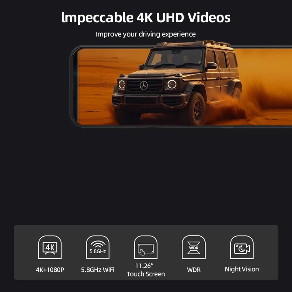 E-ACE A45P كاميرا سيارة 4K مع واي فاي وGPS، شاشة لمس 12 بوصة IPS، مرآة رؤية خلفية، خيار كاميرا خلفية، مسجل فيديو - 2