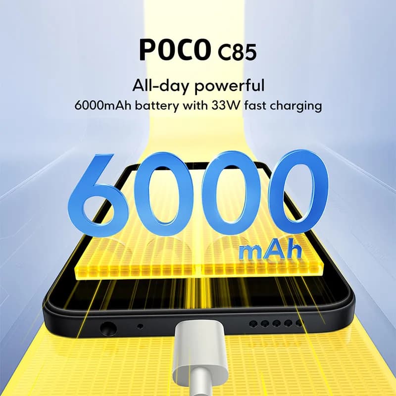 هاتف ذكي Xiaomi POCO C85 إصدار عالمي معالج MediaTek Helio G81-Ultra شاشة 6.9 بوصة Dot Drop بطارية 6000 مللي أمبير كاميرا مزدوجة 50 ميجابكسل شحن 33 واط NFC IP64 - 3