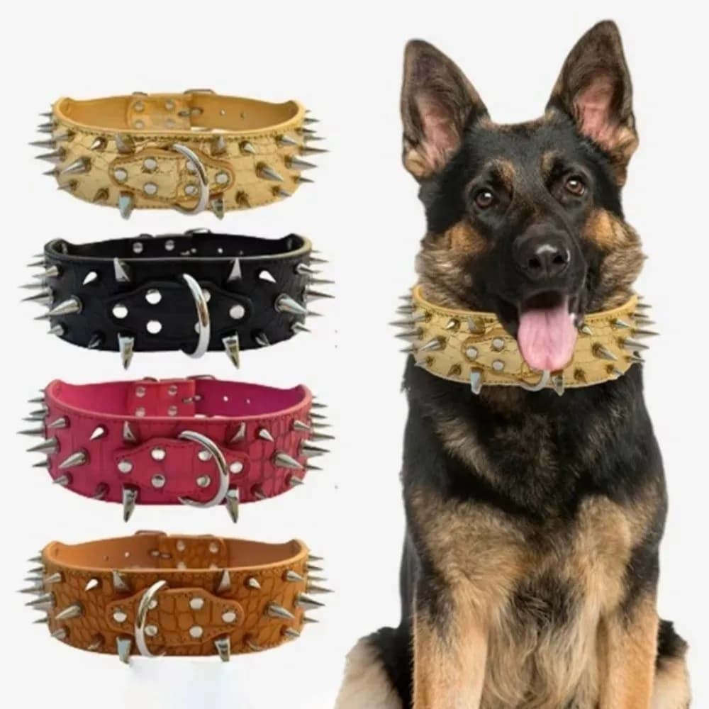 Anti-bite Spiked Dog Collars Adjustable Widen PU Leather Pet Necklace Heavy Duty Sharp Rivets Pet Collar Outdoor Dog Walking - 2