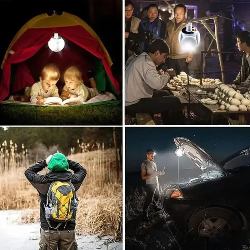 مصباح تخييم محمول يعمل بالطاقة الشمسية، قابل لإعادة الشحن، مصباح خيمة معلق مع لمبات LED قابلة للطي على شكل كرة قدم، مزود بخطاف - 4
