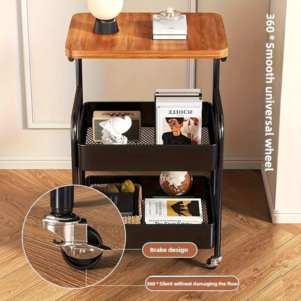Metal 3-Tier Kitchen Island Cart with Tabletop Storage Snack Rack Durable Steel Frame Rolling Wheels - 5