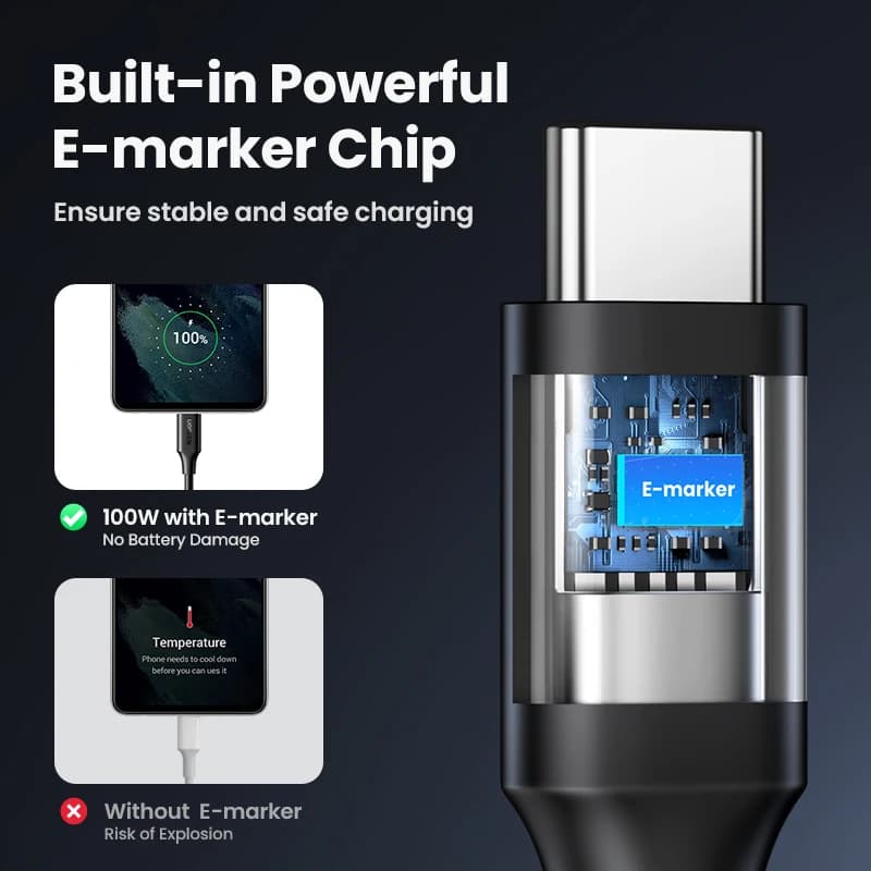 يوجرين كابل USB C إلى USB C PD100W لآيفون 17 16 15 ماك بوك لسامسونج جالاكسي S25 5A شريحة E-marker شحن سريع كورد Type C - 5
