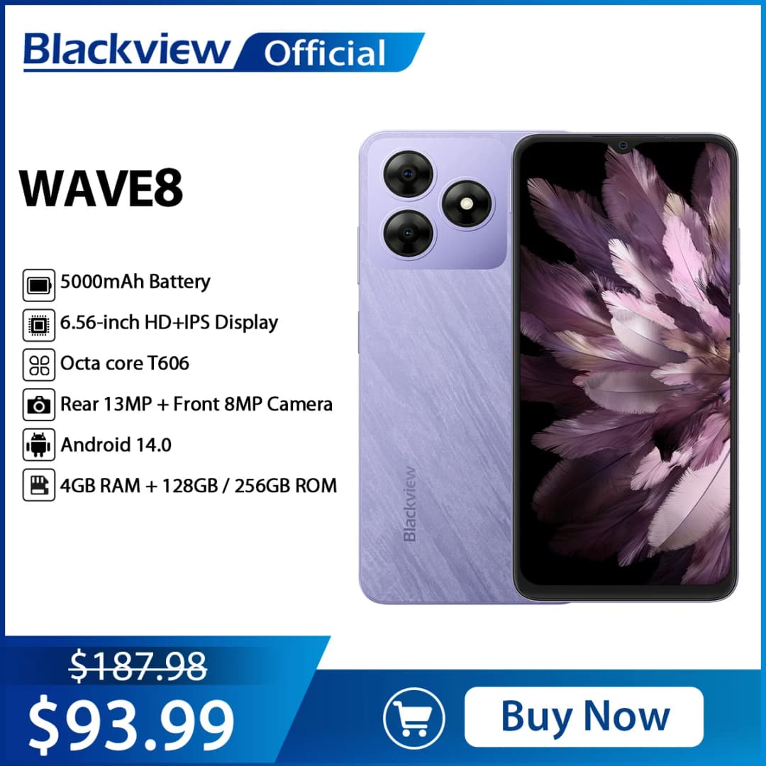 هاتف Blackview WAVE 8 الذكي بشاشة 6.56 بوصة إتش دي+آي بي إس، معالج ثماني النواة T606 سعة 128/256 جيجابايت، بطارية 5000 مللي أمبير، كاميرا 13 ميجابكسل بنظام أندرويد 14