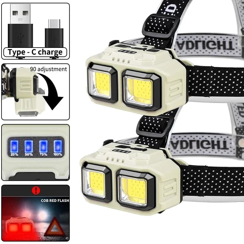 COB LED Powerful Headlamp USB Rechargeable Head Torch USB Rechargeable Waterproof Outdoor Camping Fishing Hunting Search Lantern - 2