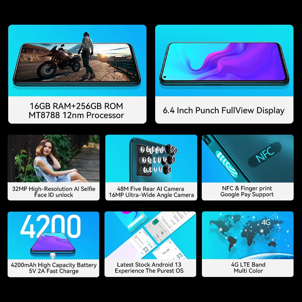 هاتف Cubot X30P، نظام أندرويد 13، كاميرا خماسية 48 ميجابكسل، ذاكرة وصول عشوائي 16 جيجابايت، ذاكرة داخلية 256 جيجابايت، NFC، شاشة 6.4 بوصة FHD+ ثقب، بطارية 4200 مللي أمبير، هاتف 4G - 2