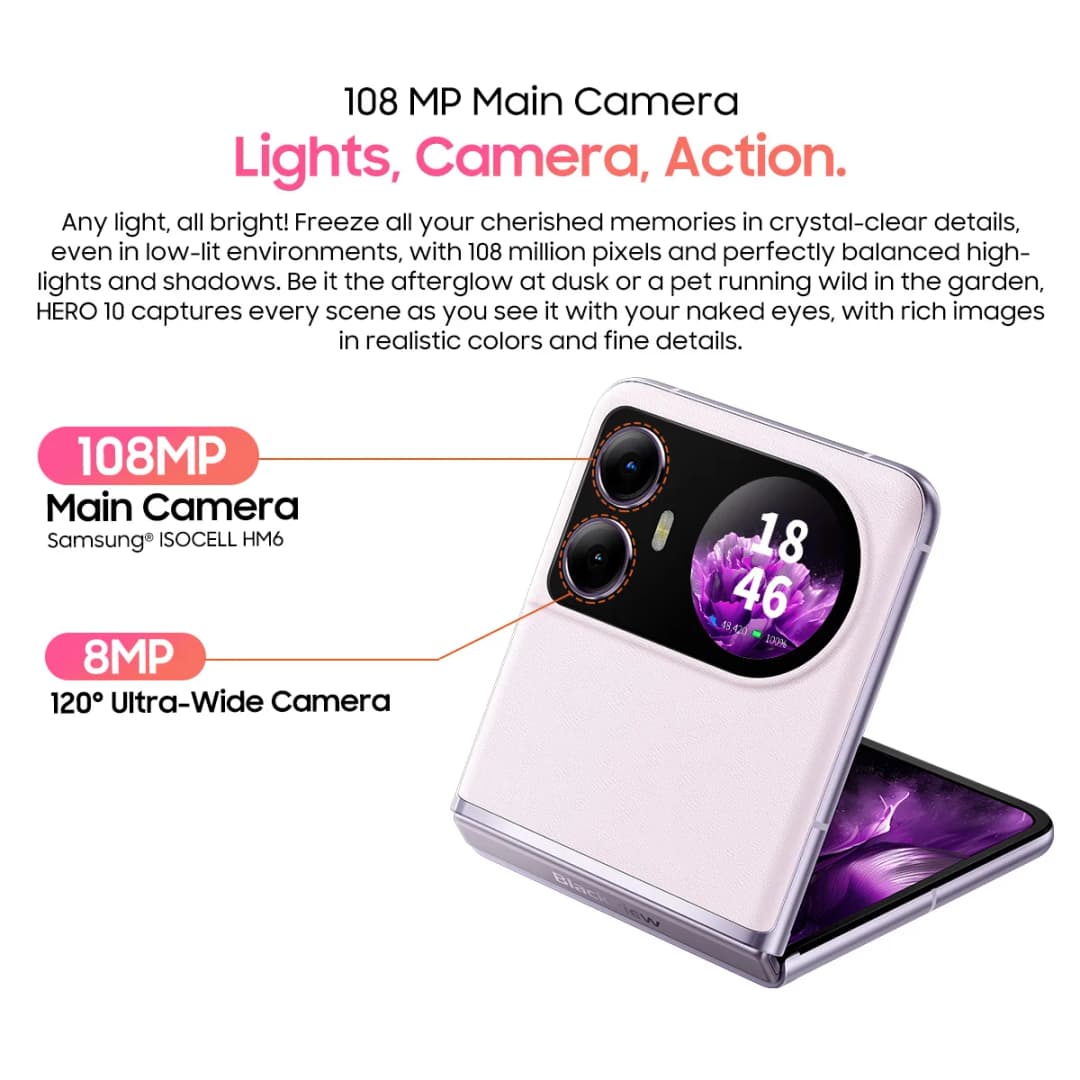 هاتف بلاكفيو HERO 10 الذكي، شاشة قابلة للطي AMOLED مقاس 6.9 بوصة، معالج MTK Helio G99، 12GB رام، 256GB تخزين، كاميرا 108MP، بطارية 4000mAh - 3