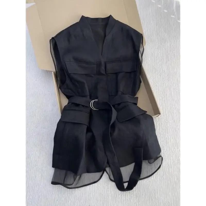 Korean Summer 2025 Black Sleeveless Vest Tops for Women V Neck Slim Waist Mesh Patchwork Shirt Elegant Office Casual Waistcoat - 3