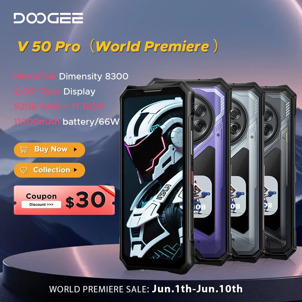 إصدار عالمي DOOGEE V50 Pro هاتف متين 52 جيجا + 1 تيرا بايت AI Pets Dimensity 8300 6.78 بوصة FHD+ 11000 مللي أمبير 66 واط كاميرا 200 ميجا بكسل أندرويد 16 NFC