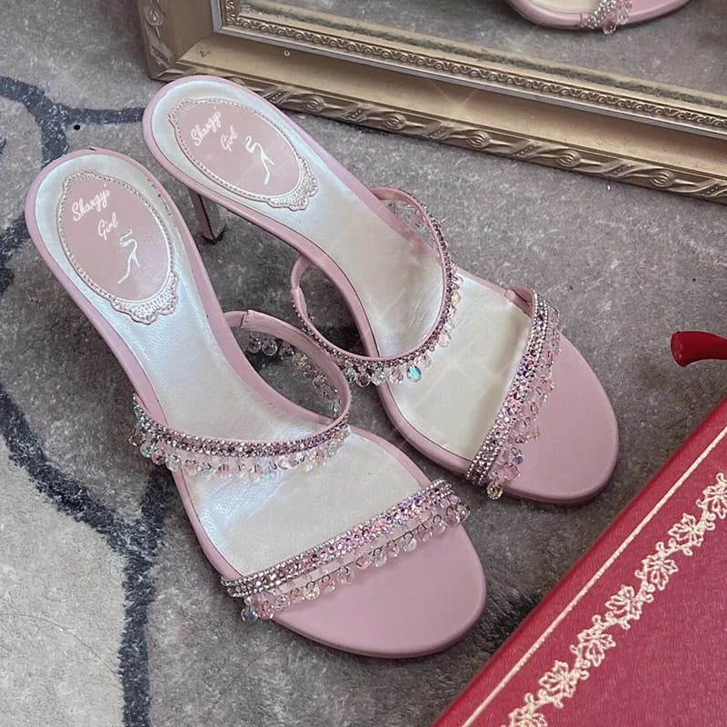 2025 Summer New Sexy Women Sandals Thin Heel Rhinestone High Heels Open Toe Backless Slippers Fairy Style - 3