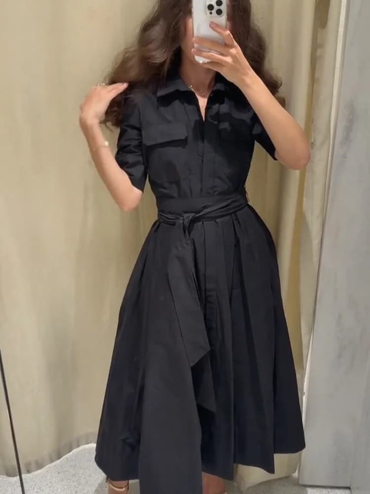 فستان ميدي بأكمام قصيرة، طية صدر السترة، تصميم أنيق، خصر ضيق، فستان طويل للحفلات والمساء - 2