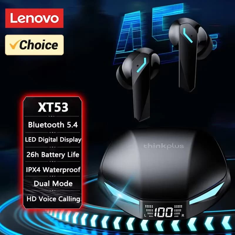 سماعات رأس لينوفو الأصلية XT53 TWS بلوتوث V5.4، لاسلكية، شاشة LED رقمية، سماعات أذن، تقليل الضوضاء
