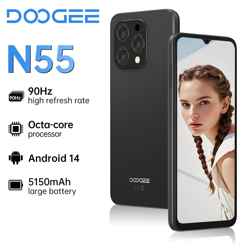 هاتف DOOGEE [N55] الذكي 5G بشاشة 6.56 بوصة 90Hz IPS، 4 جيجابايت + 128 جيجابايت، كاميرا ثلاثية 13 ميجابكسل، بطارية 5150 مللي أمبير، نظام أندرويد 14