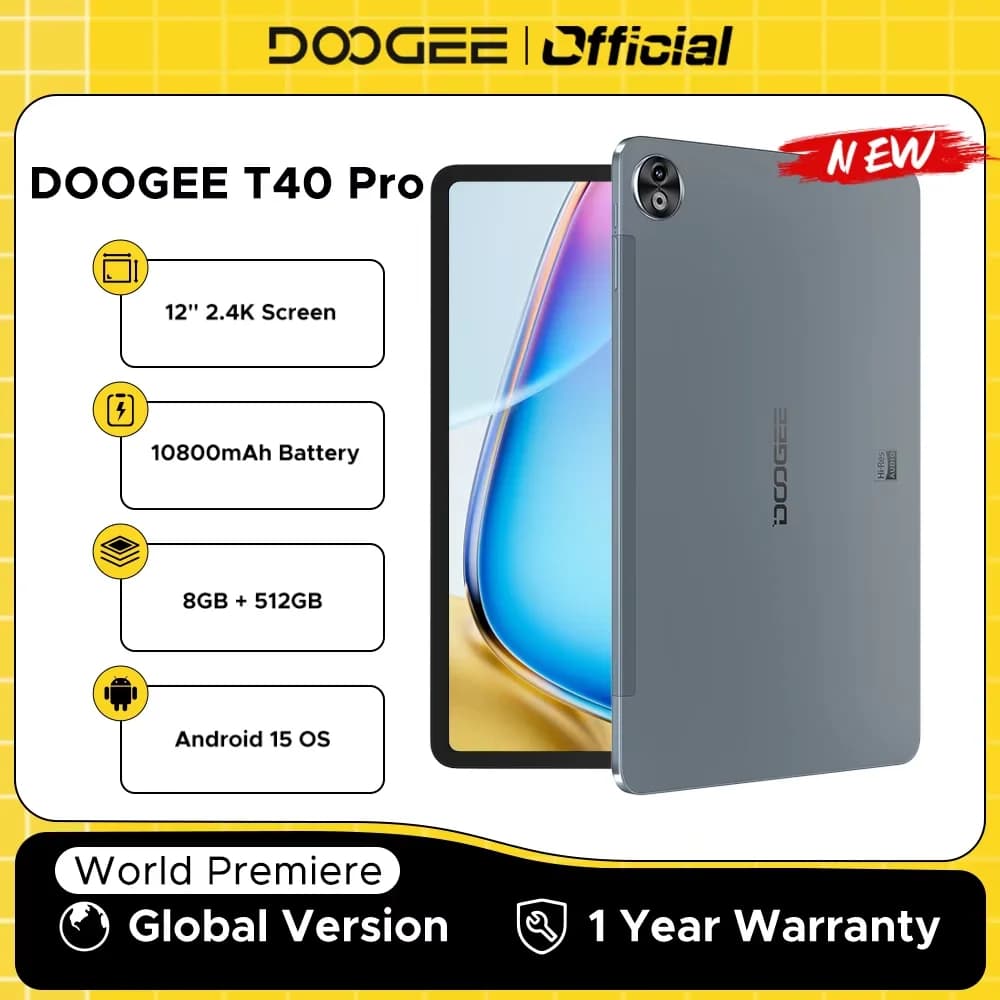 جهاز لوحي DOOGEE T40 برو 12 بوصة IPS 2.4K 20 جيجابايت (8+12) 512 جيجابايت أندرويد 14 هيليو G99 6 نانومتر 10800 مللي أمبير 18 واط شحن مكبرات صوت رباعية 7.6 ملم فائق النحافة