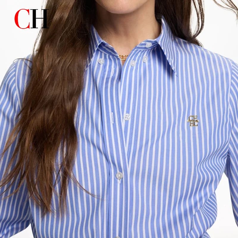 CH New Trend Fashion Shirt High Quality Blue and White Vertical Stripe Brand Letter Label Accessories Women's Long Sleeve Shirt