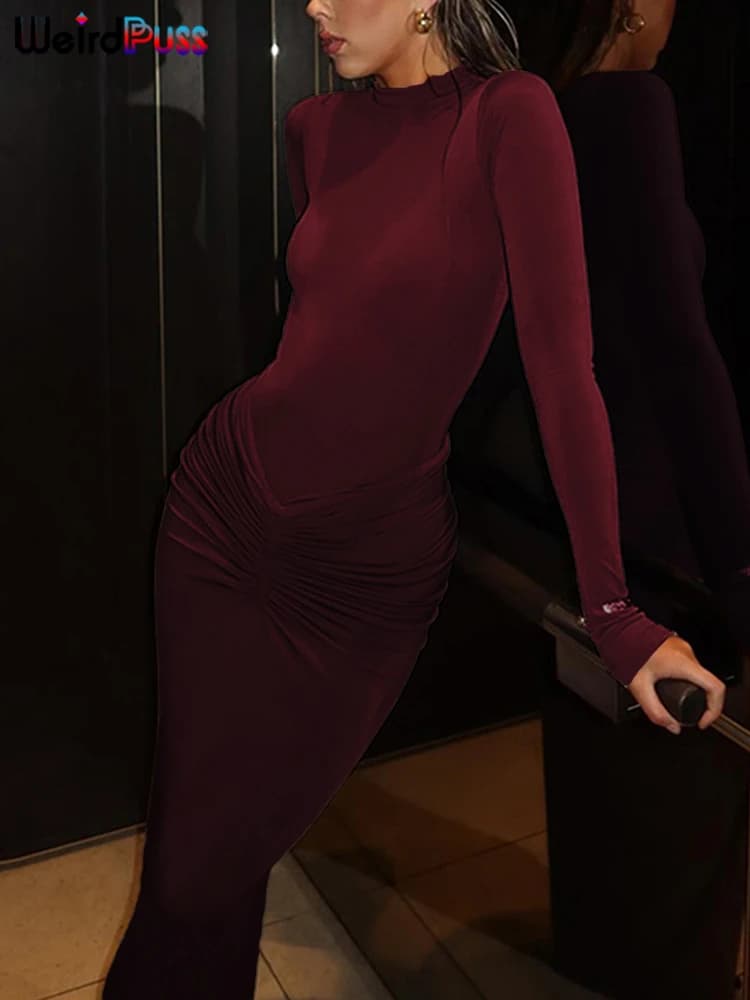 Weird Puss Hipster Ruched Dress Women o-NeckFull Sleeve  Skinny Stretch Robe Autumn Trend Simple Classic Pleats Long Bodycon - 5