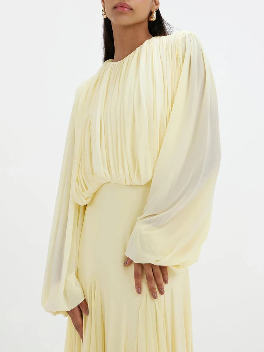 VGH Yellow Dinner Loose Folds Maxi Dresses for Women O Neck Shoulder Pud High Waist Temperament Dress Female Fashion Clothing - 3