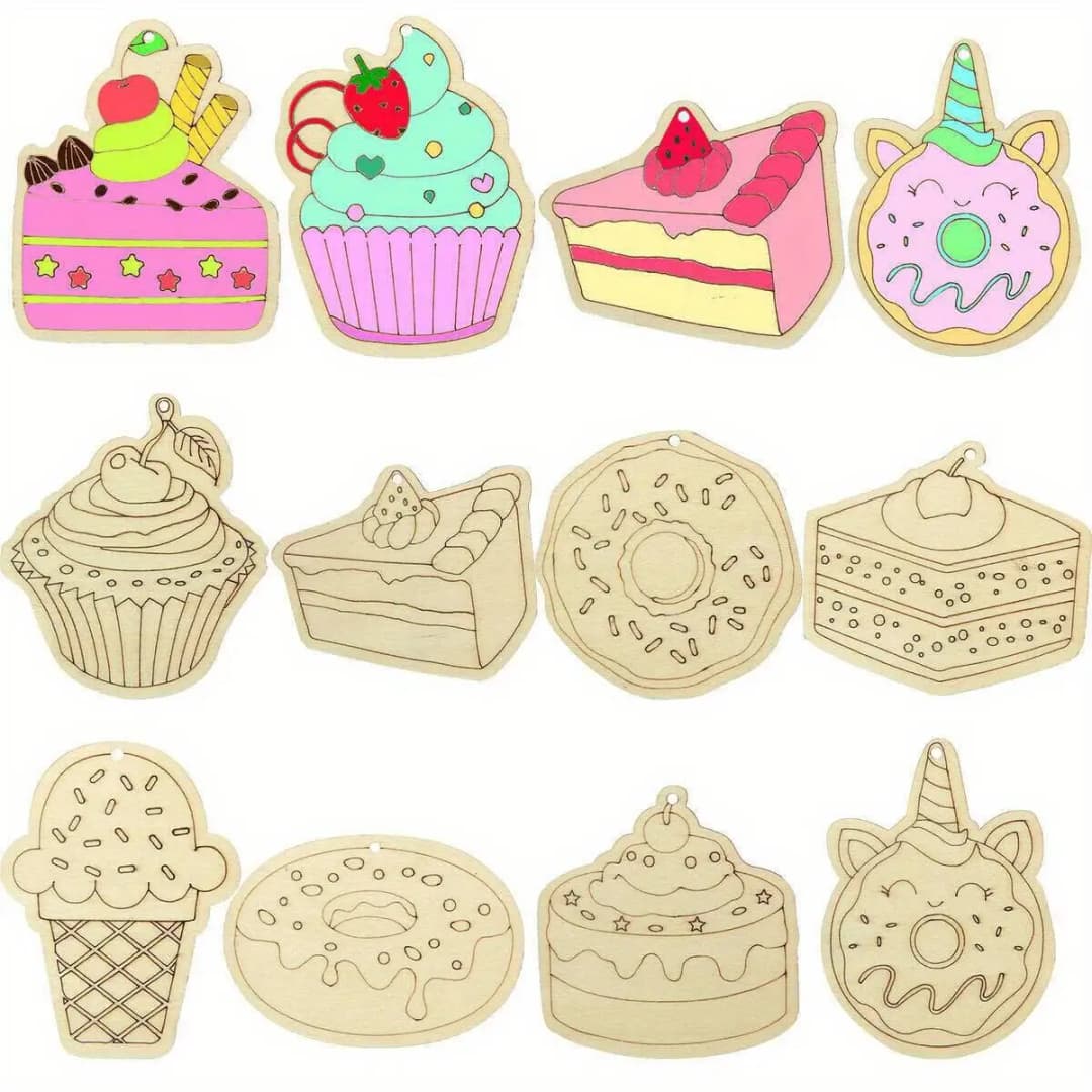 20 قطعة كب كيك خشبية الحلي الكرتون دونات غير مصبوغ الحرف ل الصيف الحلو حفلة عيد ميلاد دهان داي لوازم الهدايا