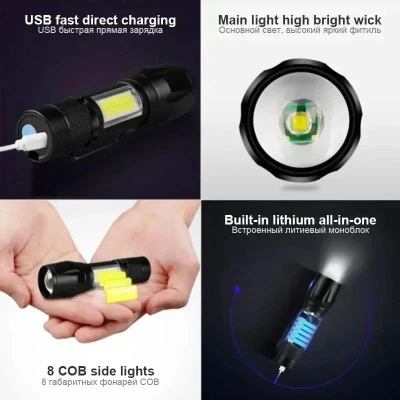 مصباح يدوي LED قابل لإعادة الشحن محمول مع مشبك قلم، مصباح يدوي قابل للتكبير مقاوم للماء مع إضاءة جانبية، فانوس طوارئ للتخييم في الهواء الطلق - 5