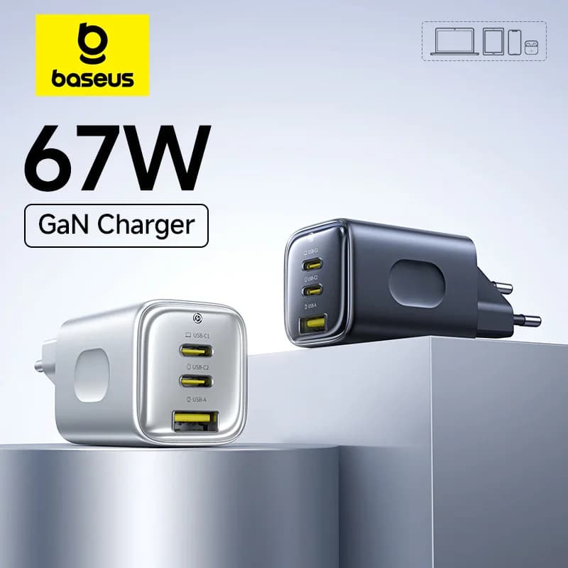 شاحن Baseus بقوة 67 واط GaN صغير USB C للشحن السريع للهاتف متوافق مع iPhone 17 و16 وشاحن محمول للسفر للابتوب