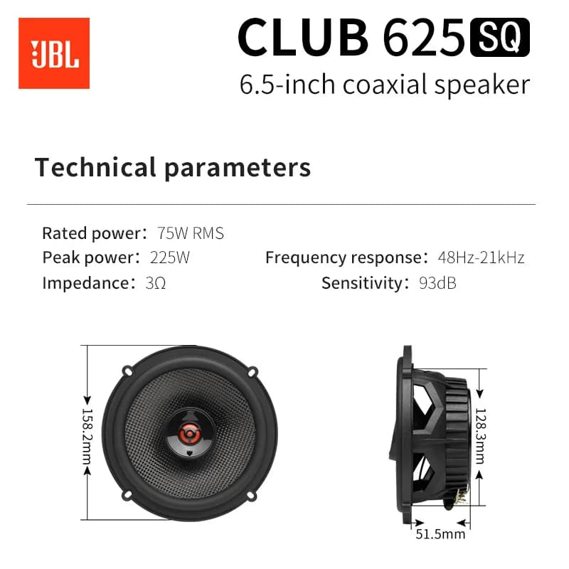 JBL Car Audio Speaker 6.5-inch CLUB 625SQ Coaxial Speaker Treble Subwoofer Full Band Stereo Surround Speaker - 4