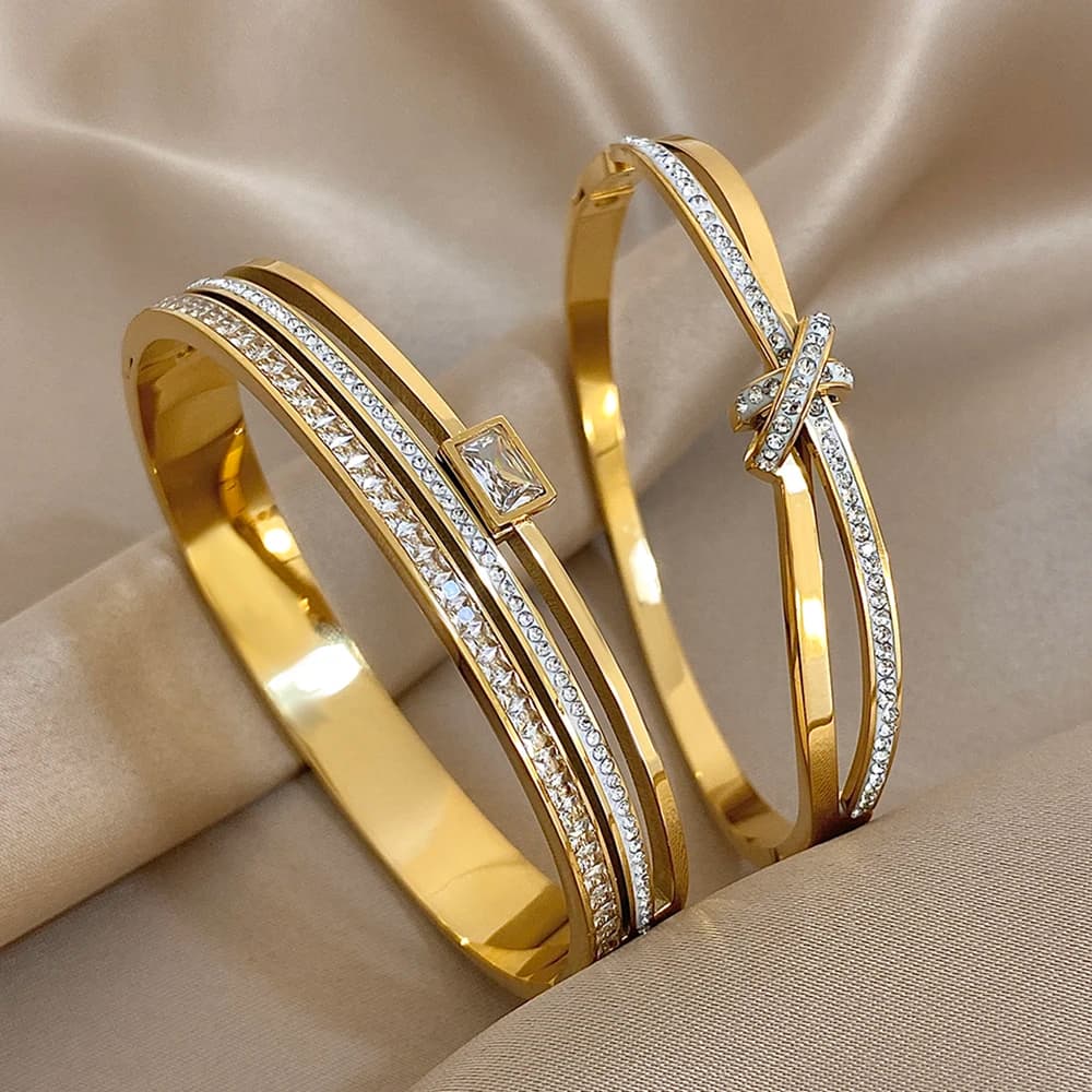 Luxury Stainless Steel Cuff Bracelet Bangle Set for Women Men Gold Plated Bracelets Inlaid White Rhinestone Wide Bangles Gift