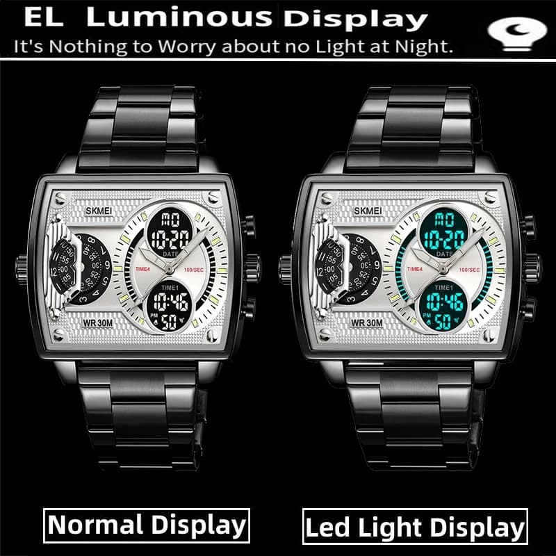سكيمي ساعات رياضية رجالية متعددة المناطق الزمنية موضة عرض رقمي تناظري مقاومة للماء ساعة كوارتز معصم ليد كرونو منبه - 5